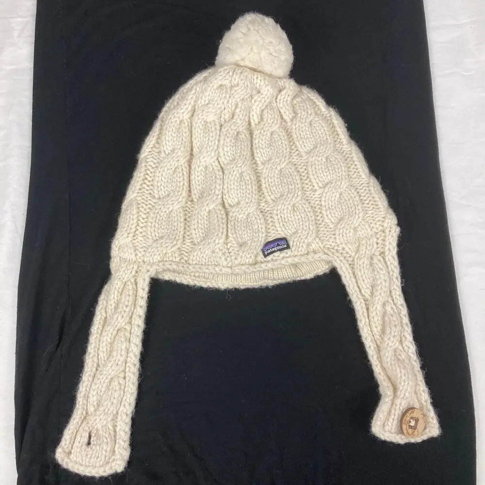 Patagonia Cable Knit Wool Blend Ear Flap Beanie Women Cream Chin Straps Pom Pom
